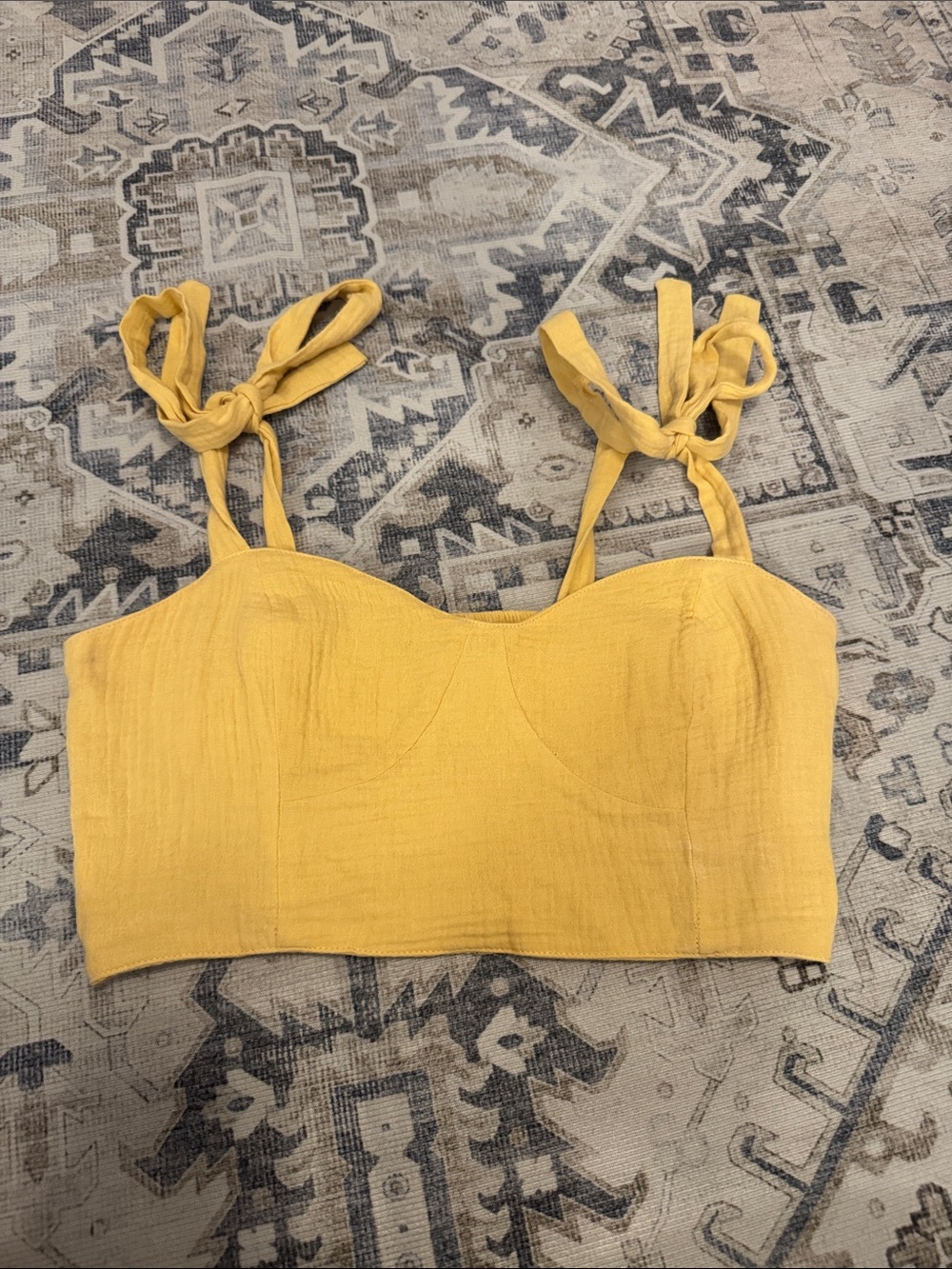 FORE Mustard Yellow Tie Strap Bustier Crop Top Smocked Back M